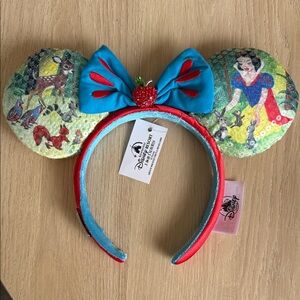 Disney Snow White Sequin Ears Headband with Blue Bow and Red jeweled Apple